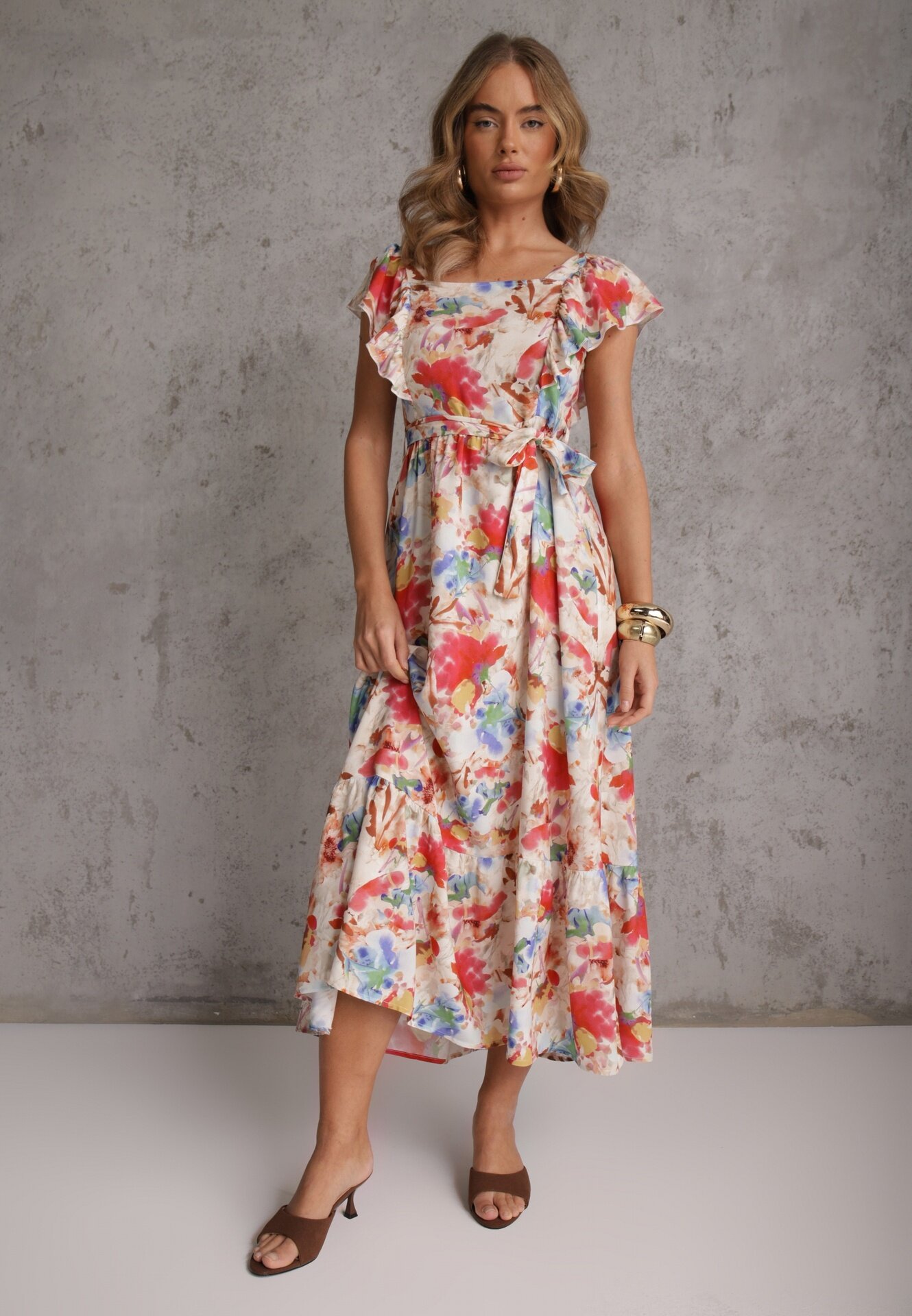 j&x Rochie Bej-Roz Florală din Viscoză cu Volan cu Bretele cu Curea din Material Nuclemia