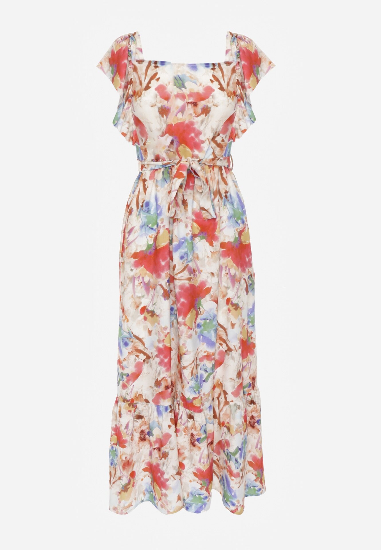 j&x Rochie Bej-Roz Florală din Viscoză cu Volan cu Bretele cu Curea din Material Nuclemia