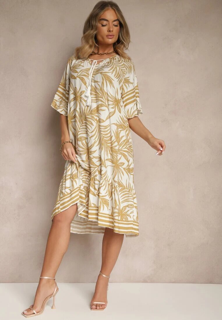 j&x Rochie Bej Tip cutie Decorată cu imprimeu floral și legătură la decolteu Miranissa