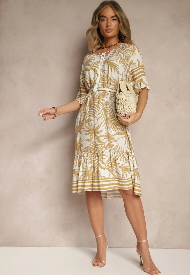 j&x Rochie Bej Tip cutie Decorată cu imprimeu floral și legătură la decolteu Miranissa