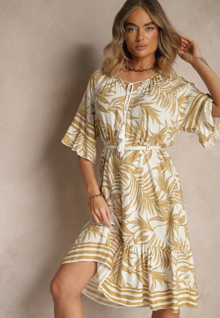 j&x Rochie Bej Tip cutie Decorată cu imprimeu floral și legătură la decolteu Miranissa