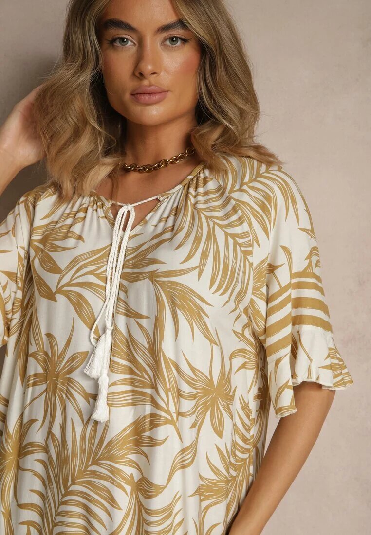 j&x Rochie Bej Tip cutie Decorată cu imprimeu floral și legătură la decolteu Miranissa