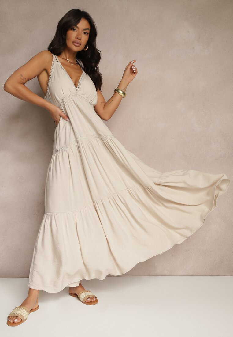 j&x Rochie Bejă din Vâscoză Decorată cu Motiv Croșetat Mevelta