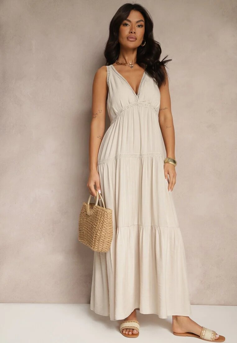 j&x Rochie Bejă din Vâscoză Decorată cu Motiv Croșetat Mevelta