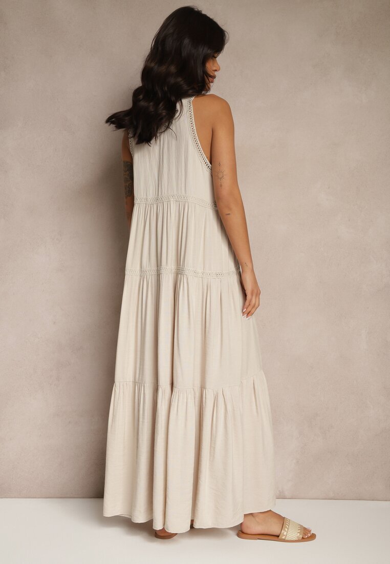 j&x Rochie Bejă din Vâscoză Decorată cu Motiv Croșetat Mevelta