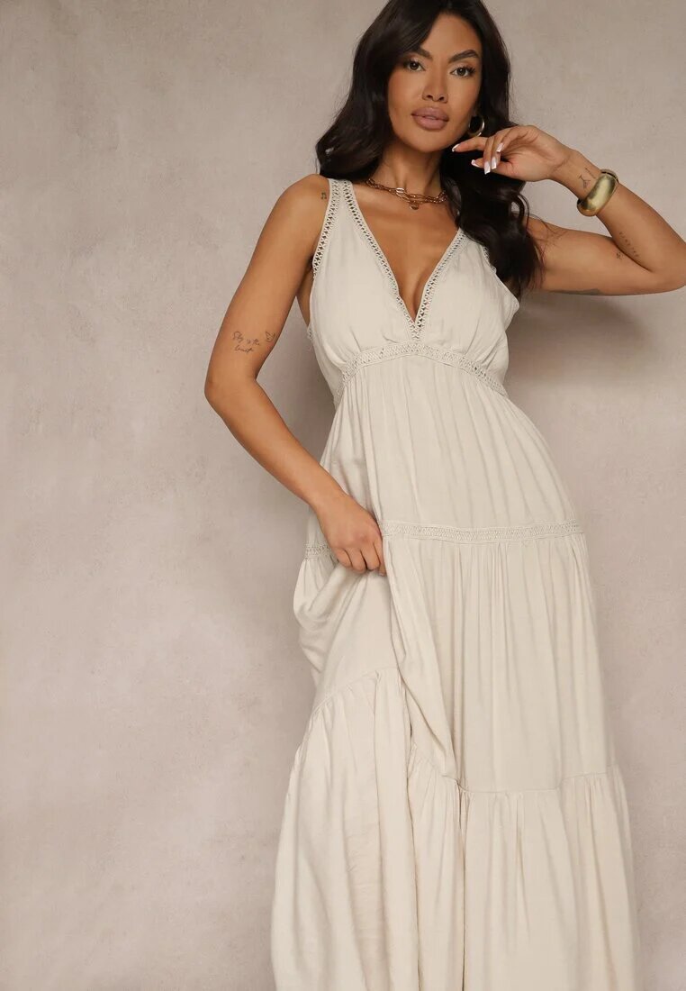 j&x Rochie Bejă din Vâscoză Decorată cu Motiv Croșetat Mevelta