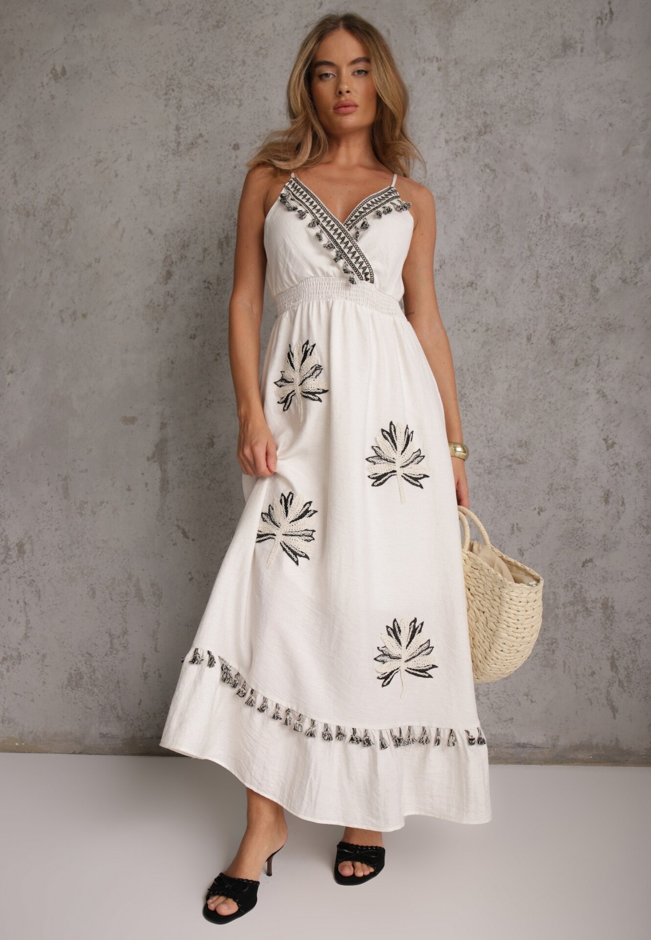 j&x Rochie Boho cu adaos de in cu croială evazată cu franjuri și volan Ocaline Albă