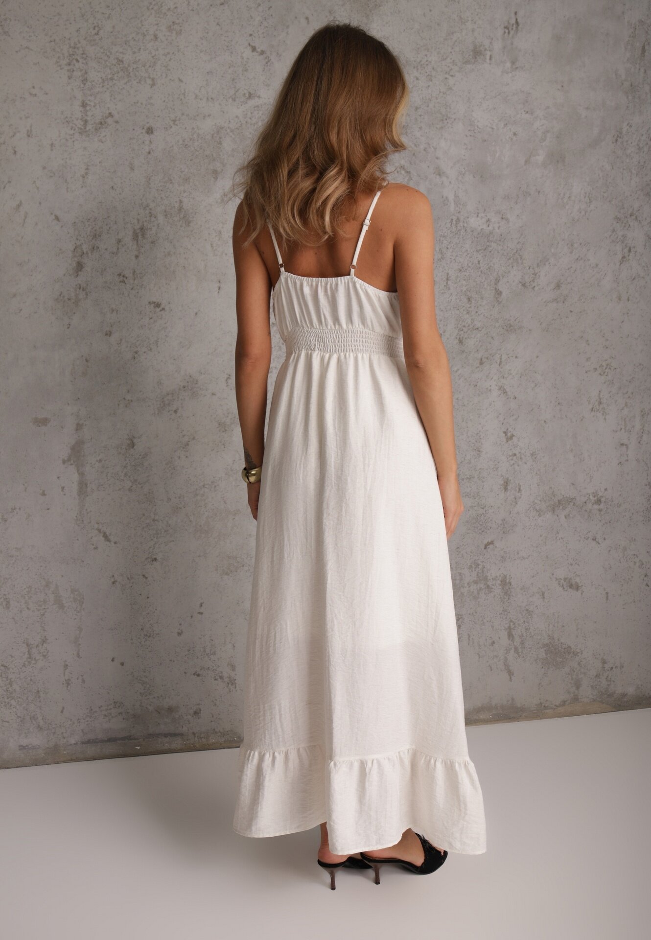 j&x Rochie Boho cu adaos de in cu croială evazată cu franjuri și volan Ocaline Albă