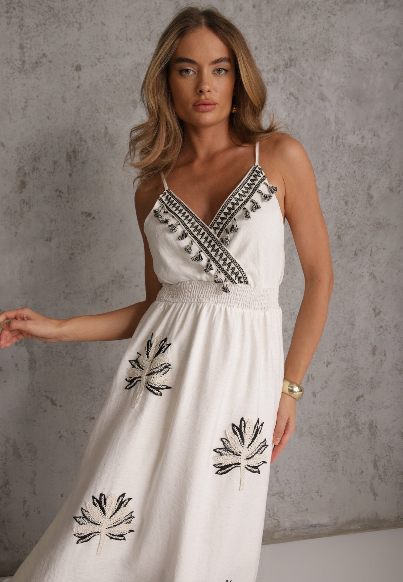 j&x Rochie Boho cu adaos de in cu croială evazată cu franjuri și volan Ocaline Albă