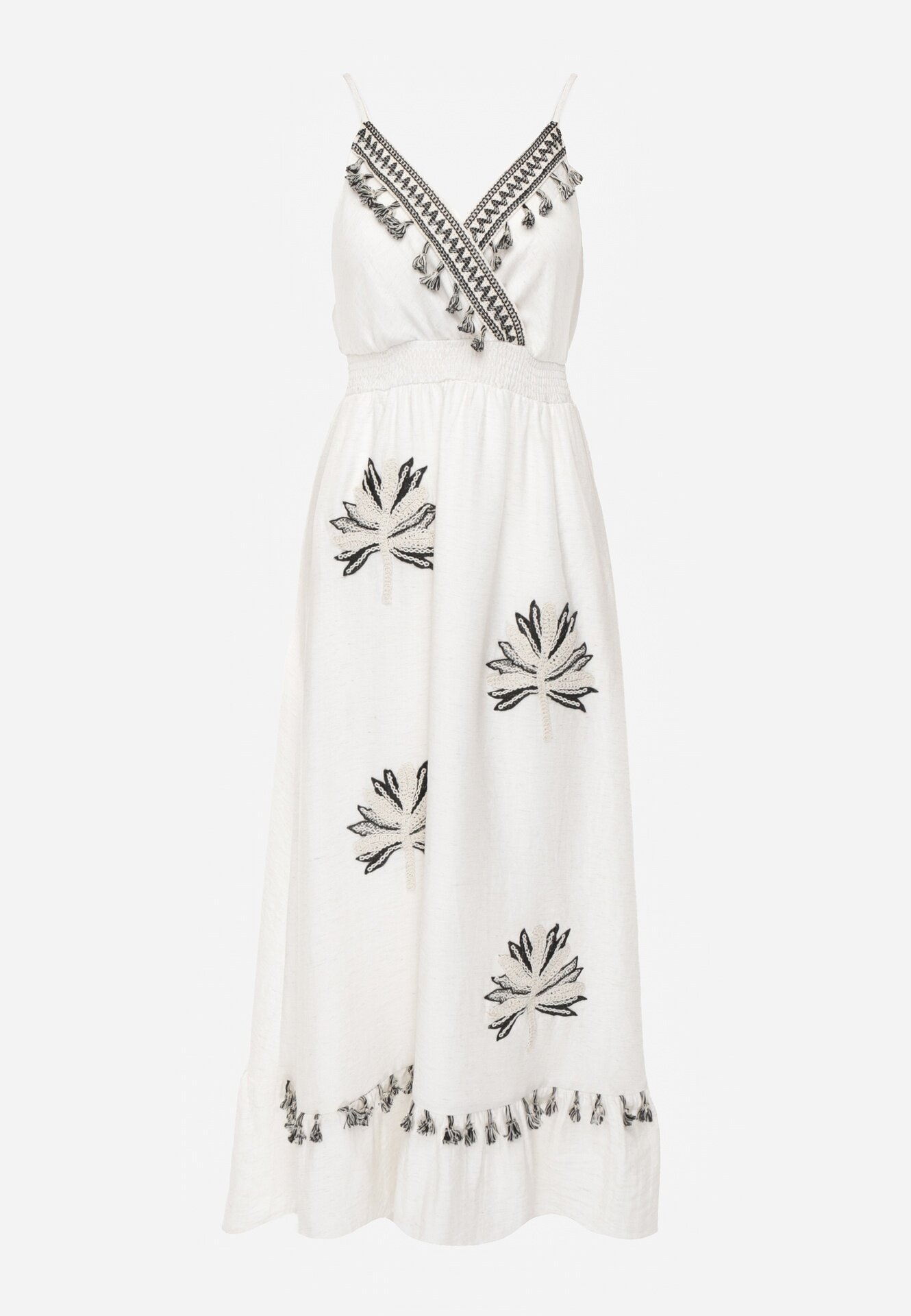 j&x Rochie Boho cu adaos de in cu croială evazată cu franjuri și volan Ocaline Albă