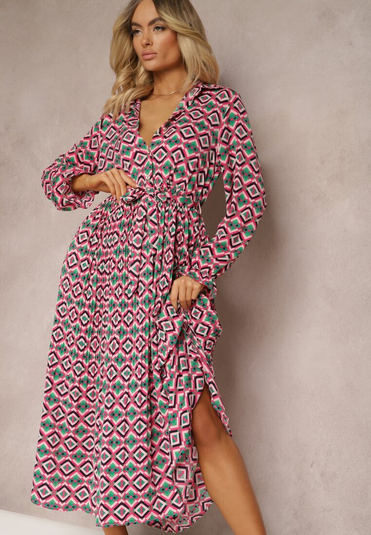 j&x Rochie cămașă fuchsia plisată cu cordon legat Helminesa
