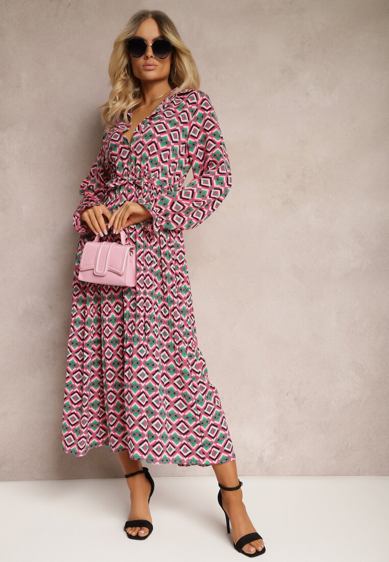 j&x Rochie cămașă fuchsia plisată cu cordon legat Helminesa