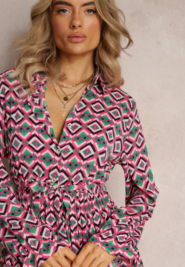 j&x Rochie cămașă fuchsia plisată cu cordon legat Helminesa