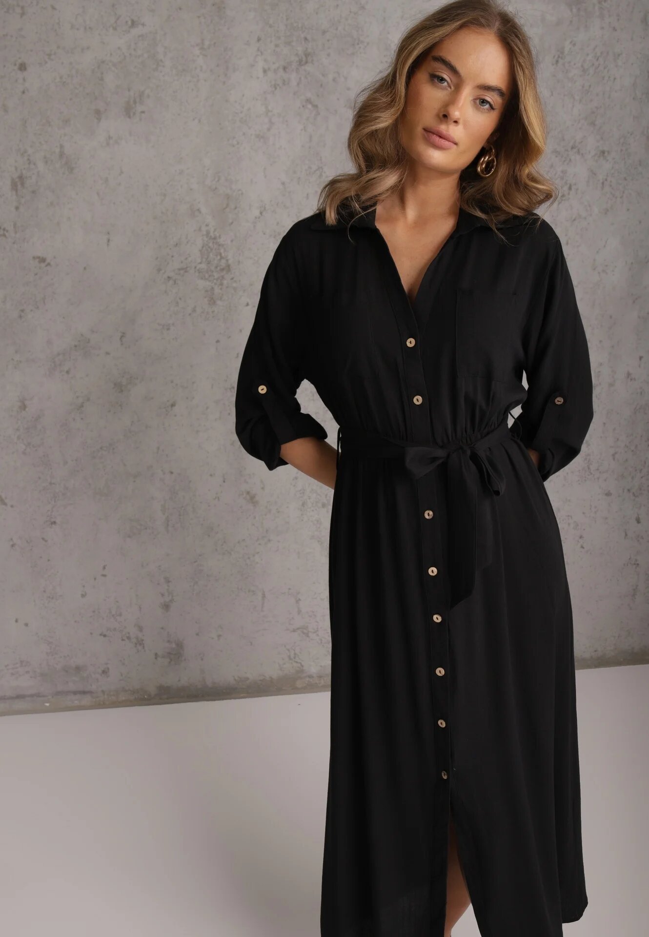 j&x Rochie Cămașă Neagră din Bumbac cu Cordon Legat și Mâneci Rulate Cesela