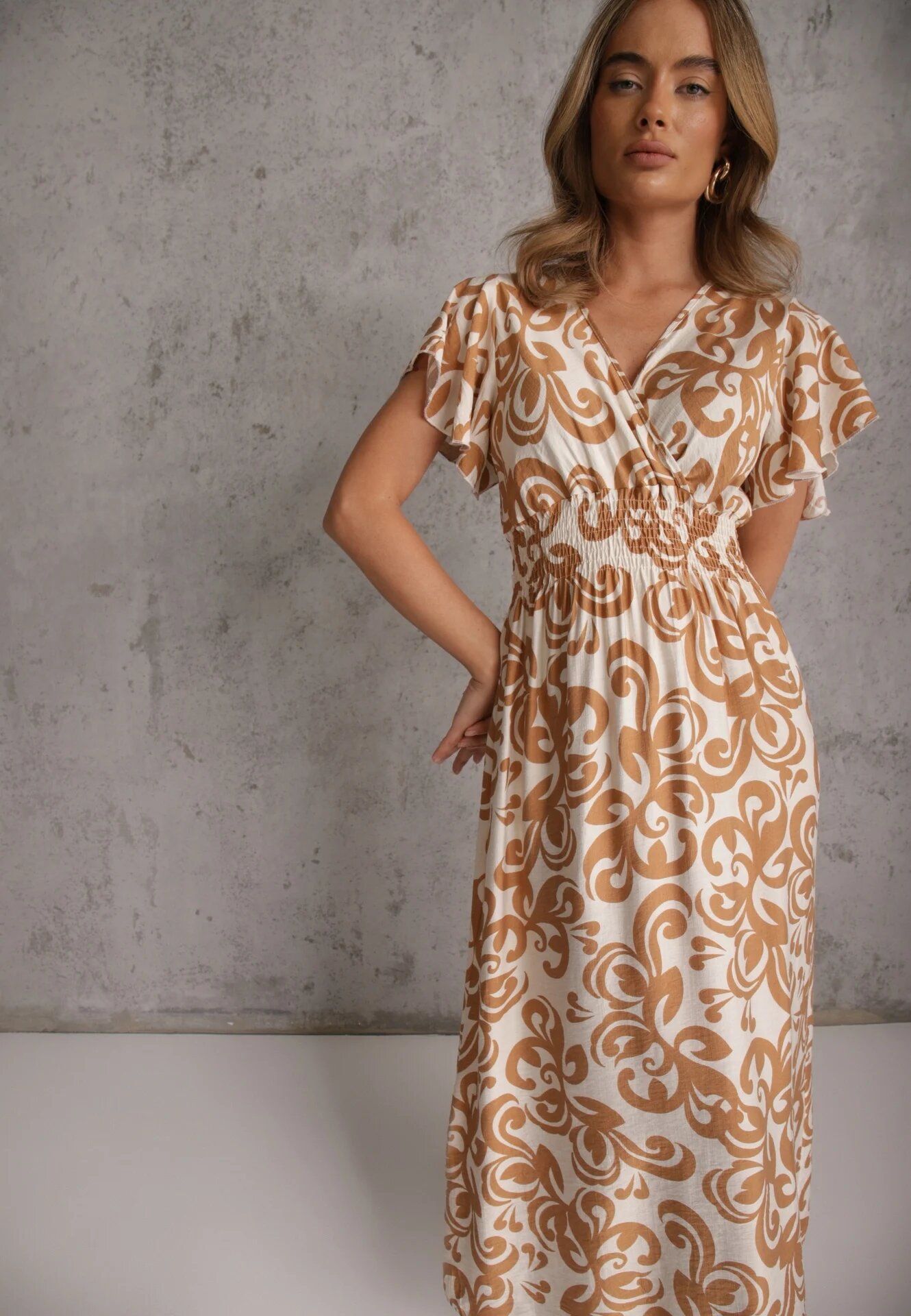j&x Rochie Cambrată Maro din Viscoză cu Decolteu Petrecut Jynaela