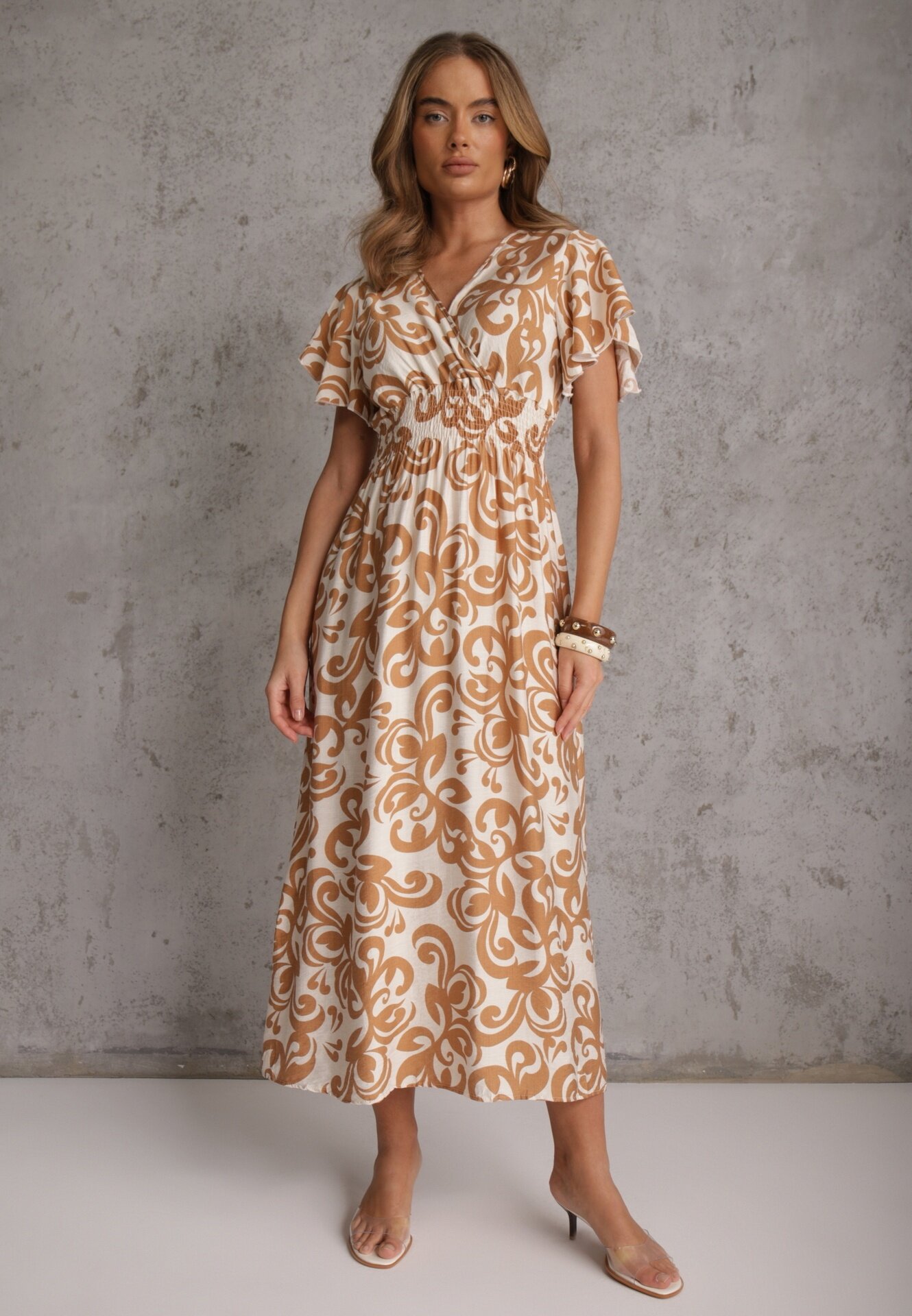 j&x Rochie Cambrată Maro din Viscoză cu Decolteu Petrecut Jynaela