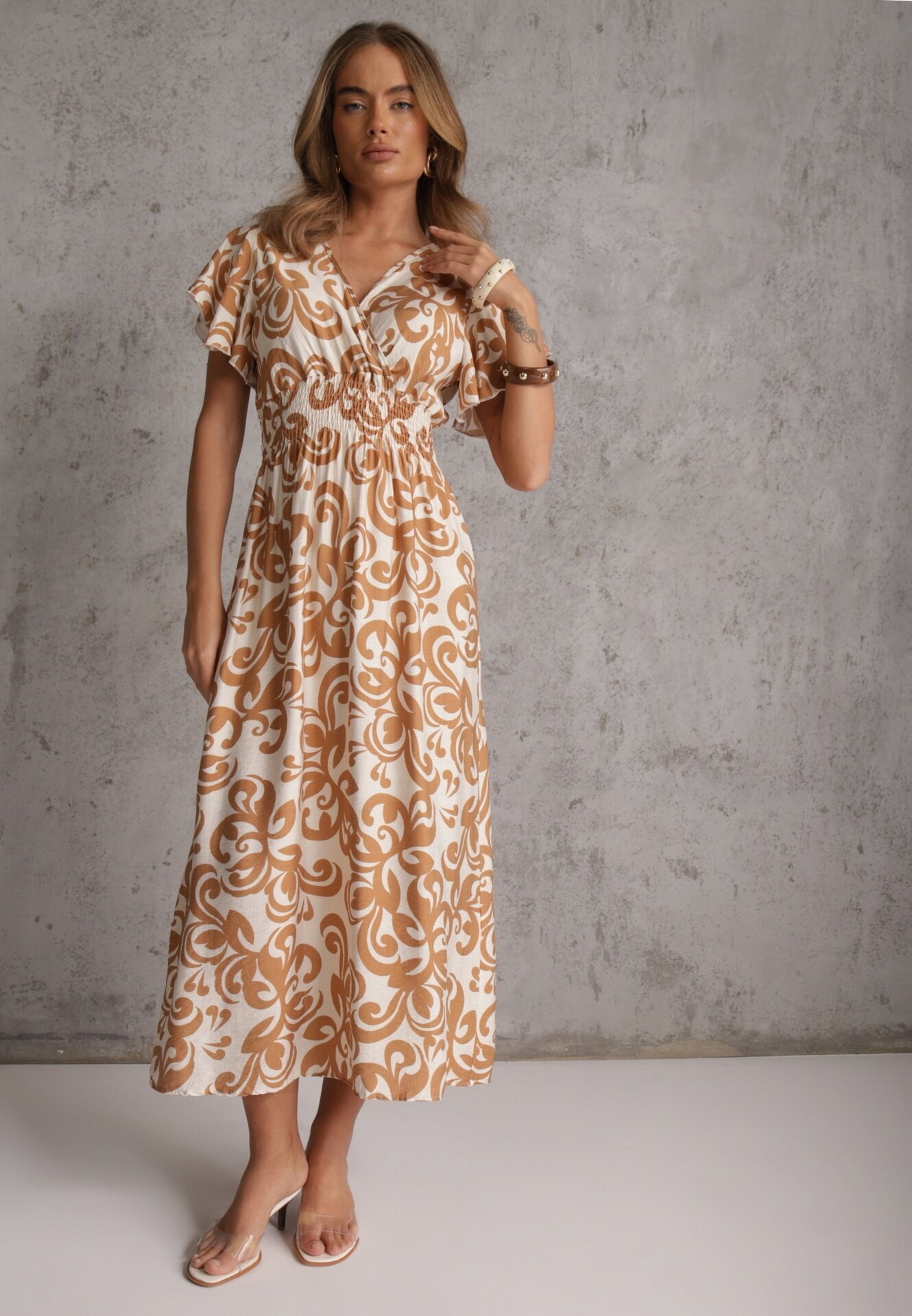j&x Rochie Cambrată Maro din Viscoză cu Decolteu Petrecut Jynaela