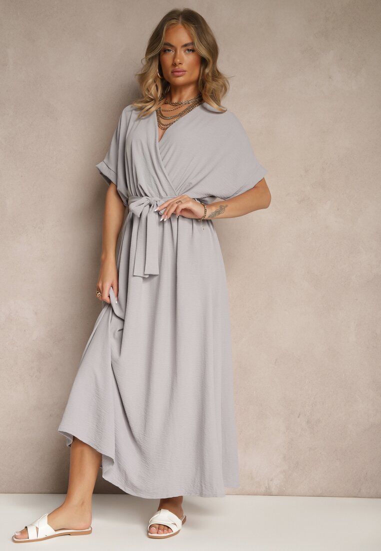 j&x Rochie Cloche Gri din bumbac și centură Lunapinia
