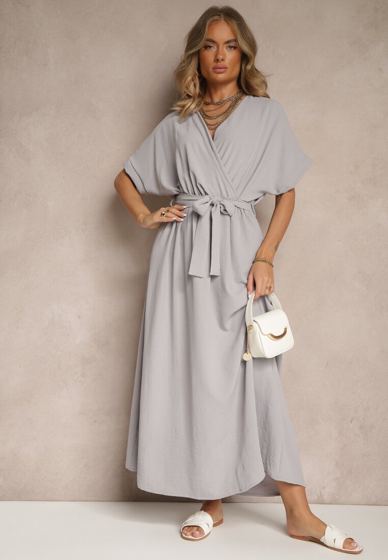 j&x Rochie Cloche Gri din bumbac și centură Lunapinia