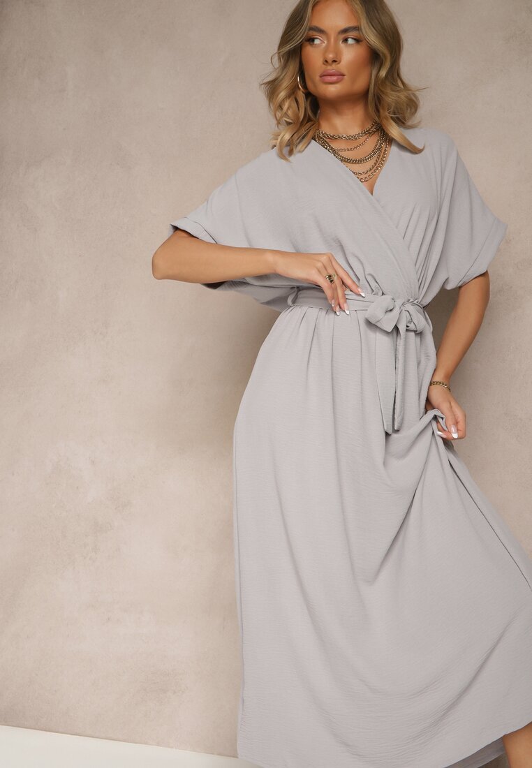 j&x Rochie Cloche Gri din bumbac și centură Lunapinia