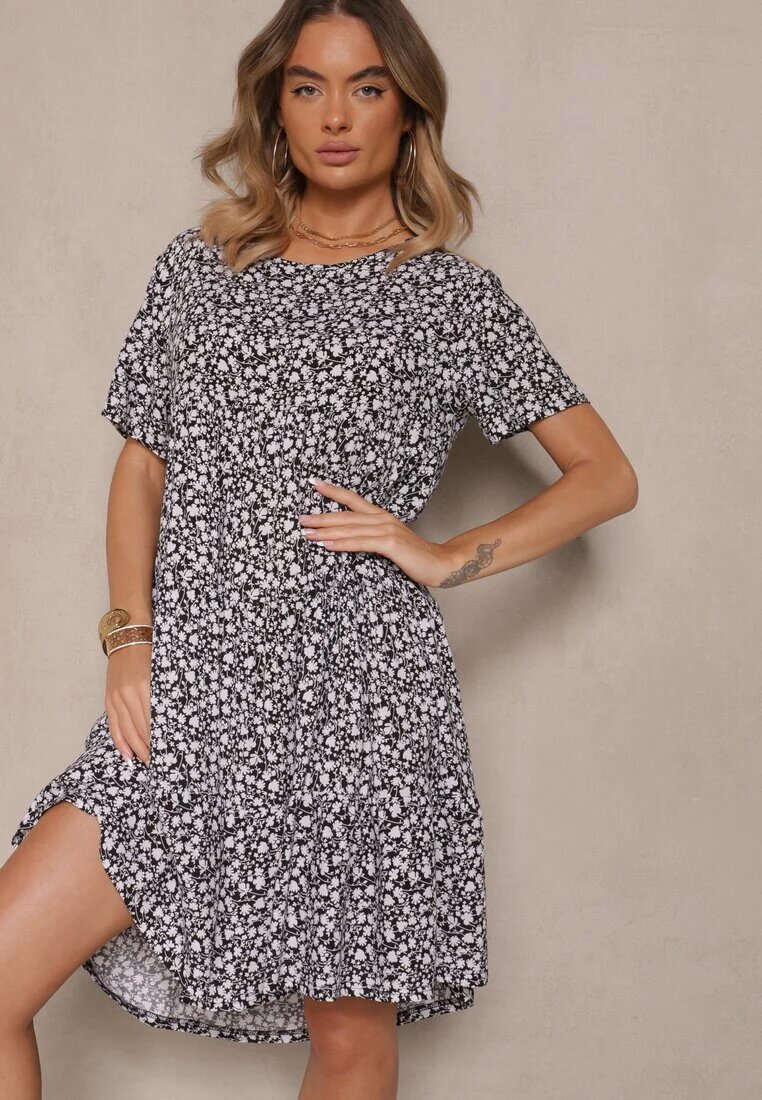 j&x Rochie Cloche Neagră din Bumbac Florală Mevazia