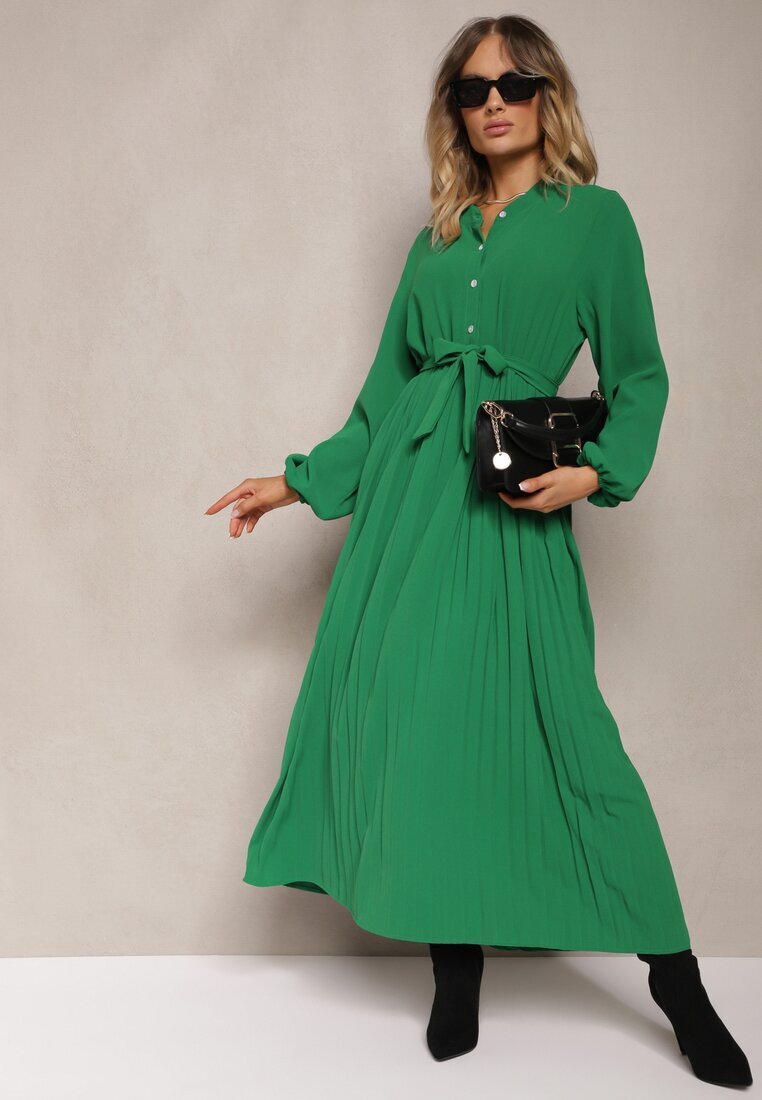 j&x Rochie Cloș Verde Maxi Plisată Legată în talie Terilla