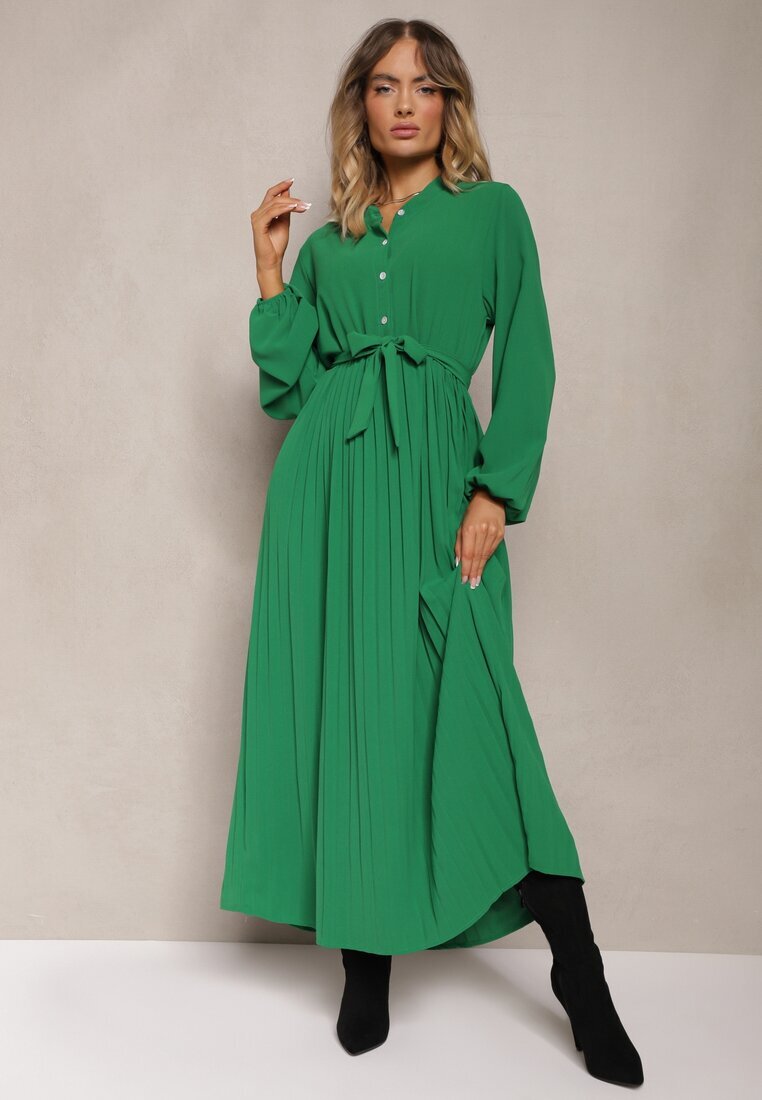 j&x Rochie Cloș Verde Maxi Plisată Legată în talie Terilla