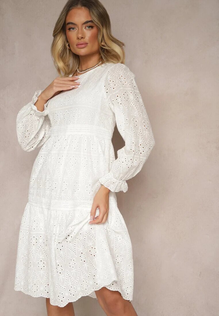 j&x Rochie din bumbac albă cu model ajurat Ridittia