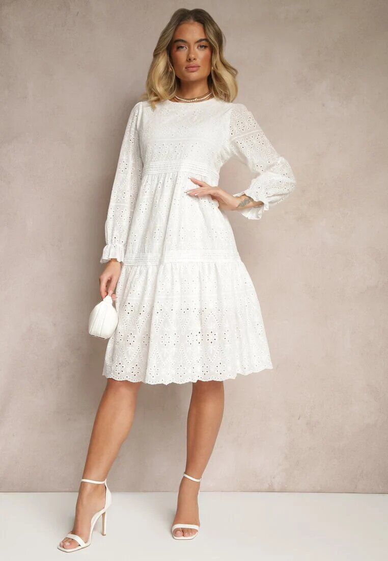 j&x Rochie din bumbac albă cu model ajurat Ridittia