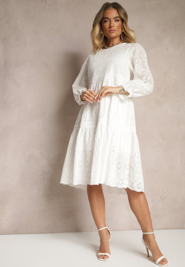 j&x Rochie din bumbac albă cu model ajurat Ridittia