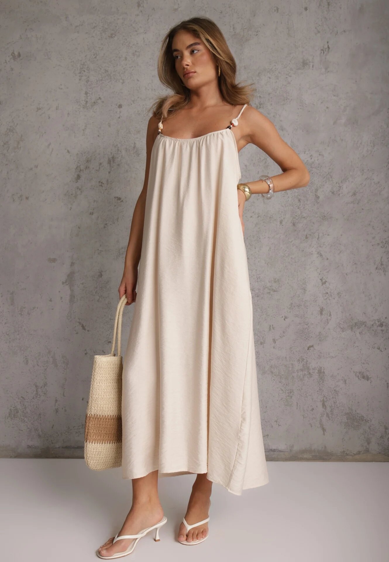 j&x Rochie din vâscoză Boho croi drept pe bretele cu mărgele Aleino Bej