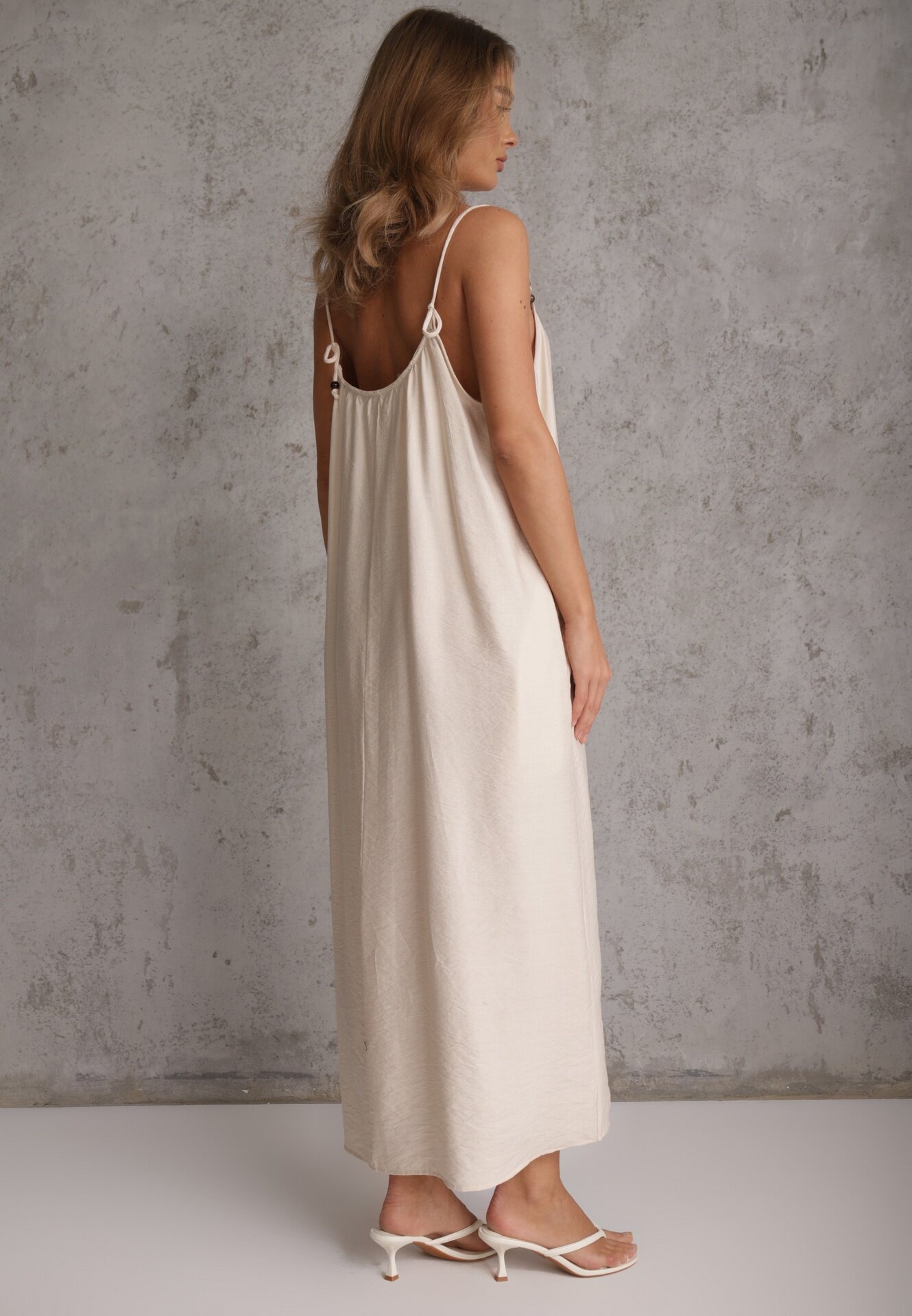 j&x Rochie din vâscoză Boho croi drept pe bretele cu mărgele Aleino Bej