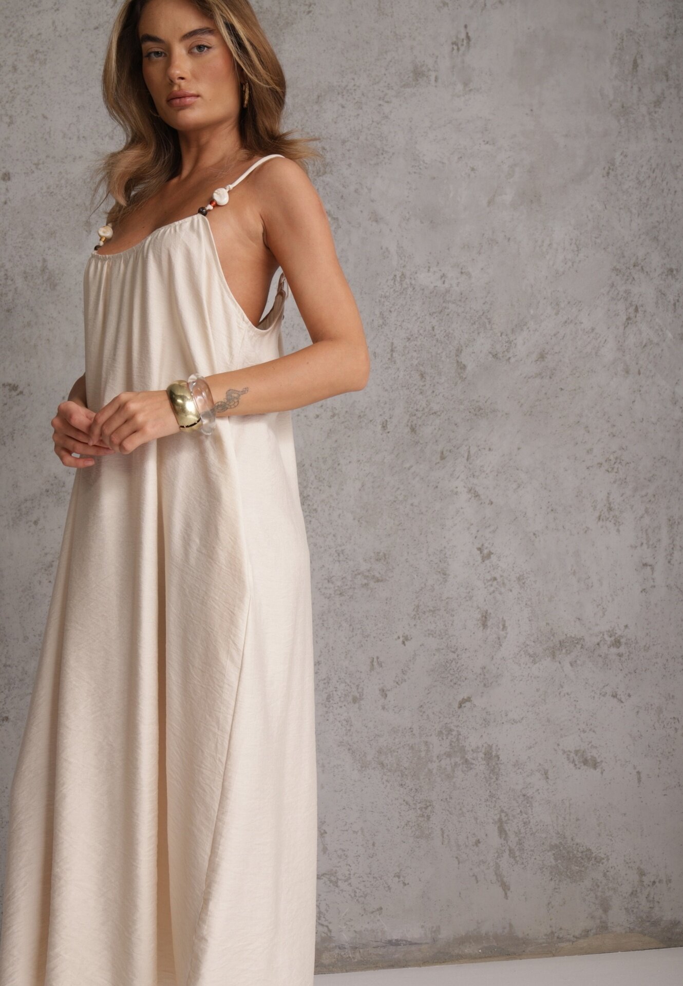j&x Rochie din vâscoză Boho croi drept pe bretele cu mărgele Aleino Bej