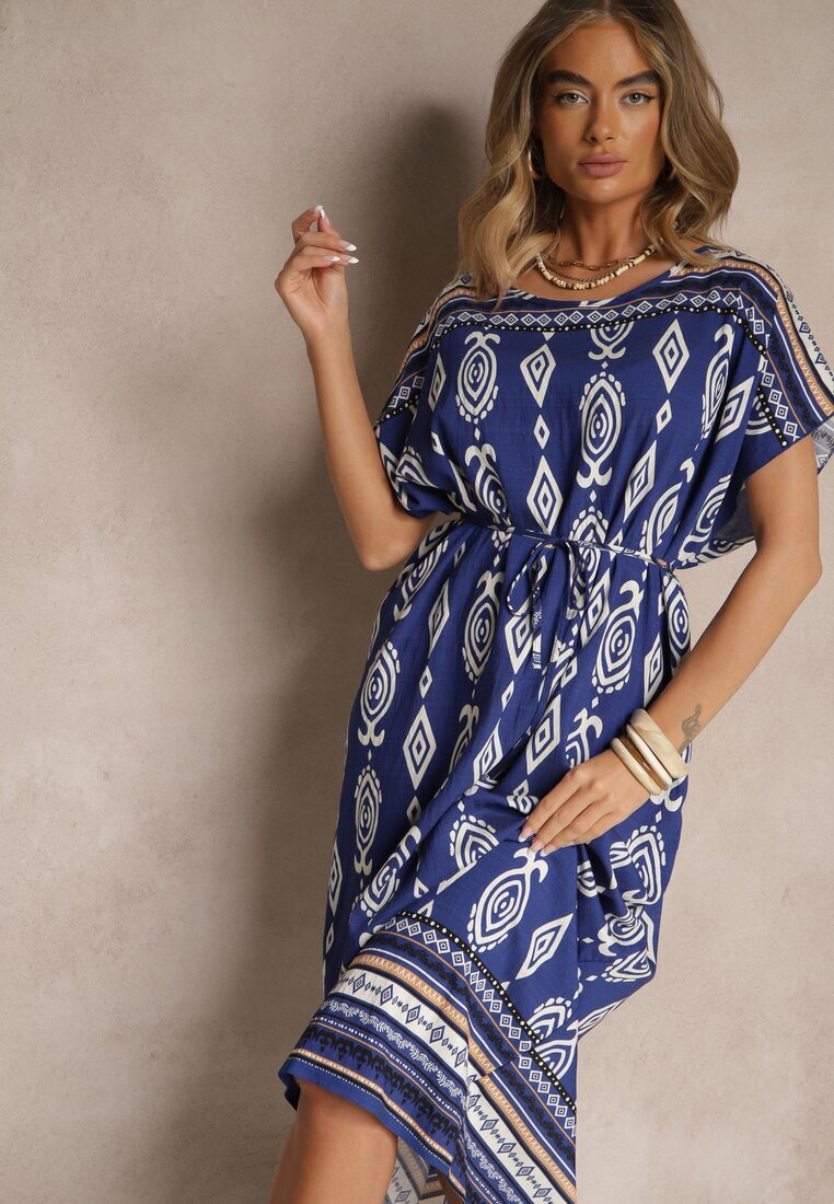 j&x Rochie din Viscoză Albastră cu Croi Drept cu Imprimeu Etnic Miriliana