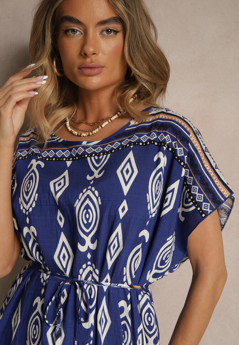 j&x Rochie din Viscoză Albastră cu Croi Drept cu Imprimeu Etnic Miriliana