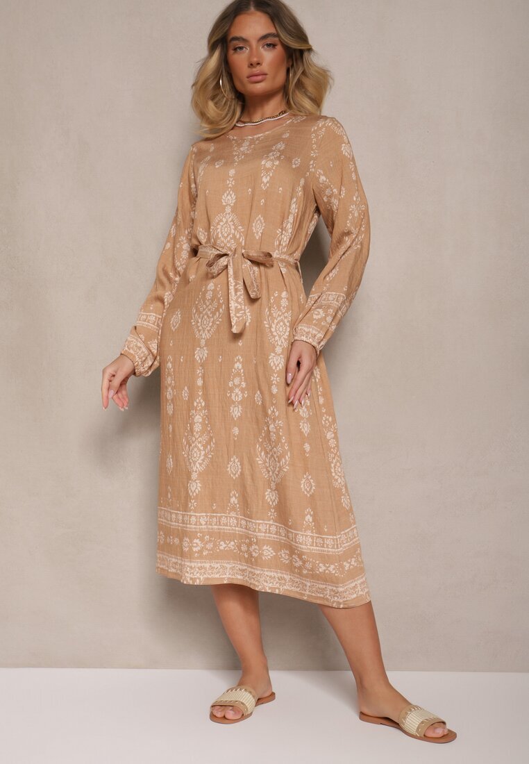 j&x Rochie dreaptă Bej Boho cu Imprimeuri Etnice cu Curea Lisalenea