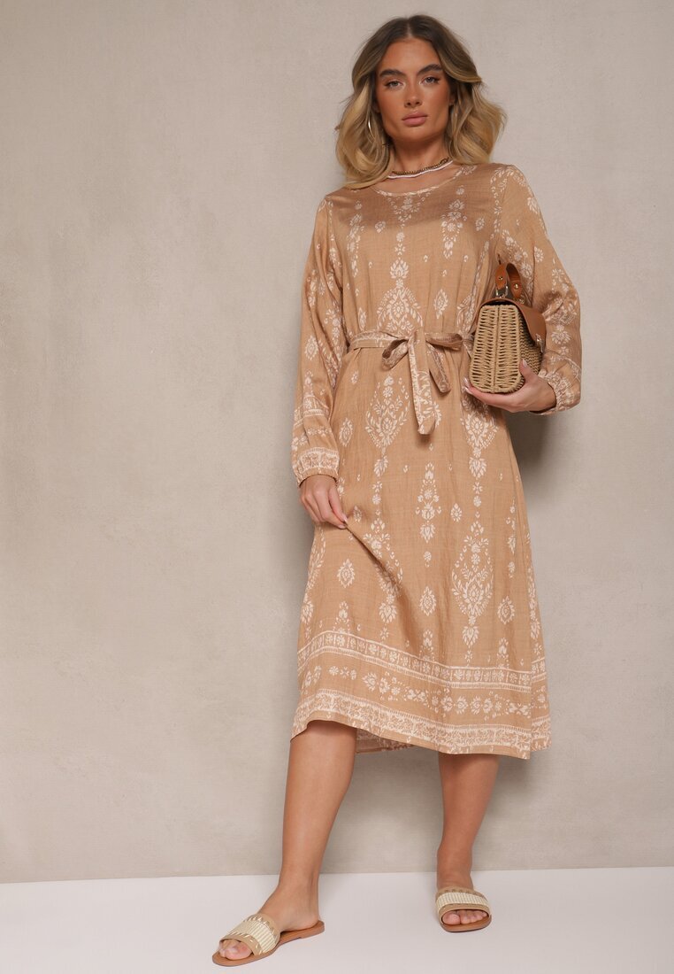 j&x Rochie dreaptă Bej Boho cu Imprimeuri Etnice cu Curea Lisalenea