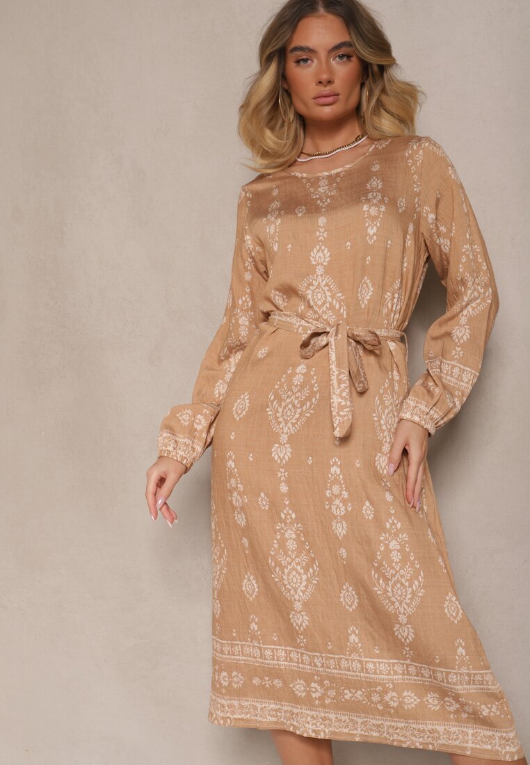 j&x Rochie dreaptă Bej Boho cu Imprimeuri Etnice cu Curea Lisalenea