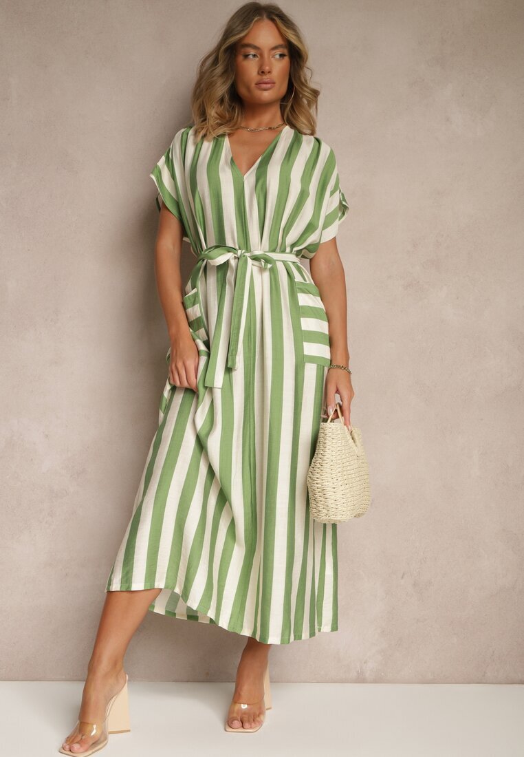 j&x Rochie dreaptă Verde din Viscoză cu imprimeu în dungi și legătură Lumierae