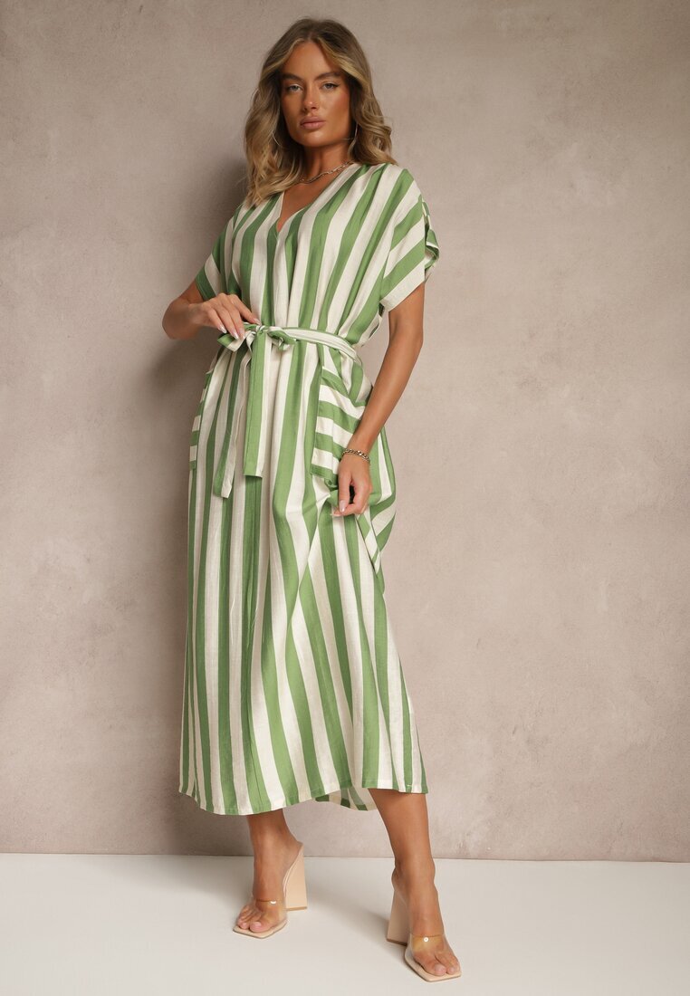 j&x Rochie dreaptă Verde din Viscoză cu imprimeu în dungi și legătură Lumierae