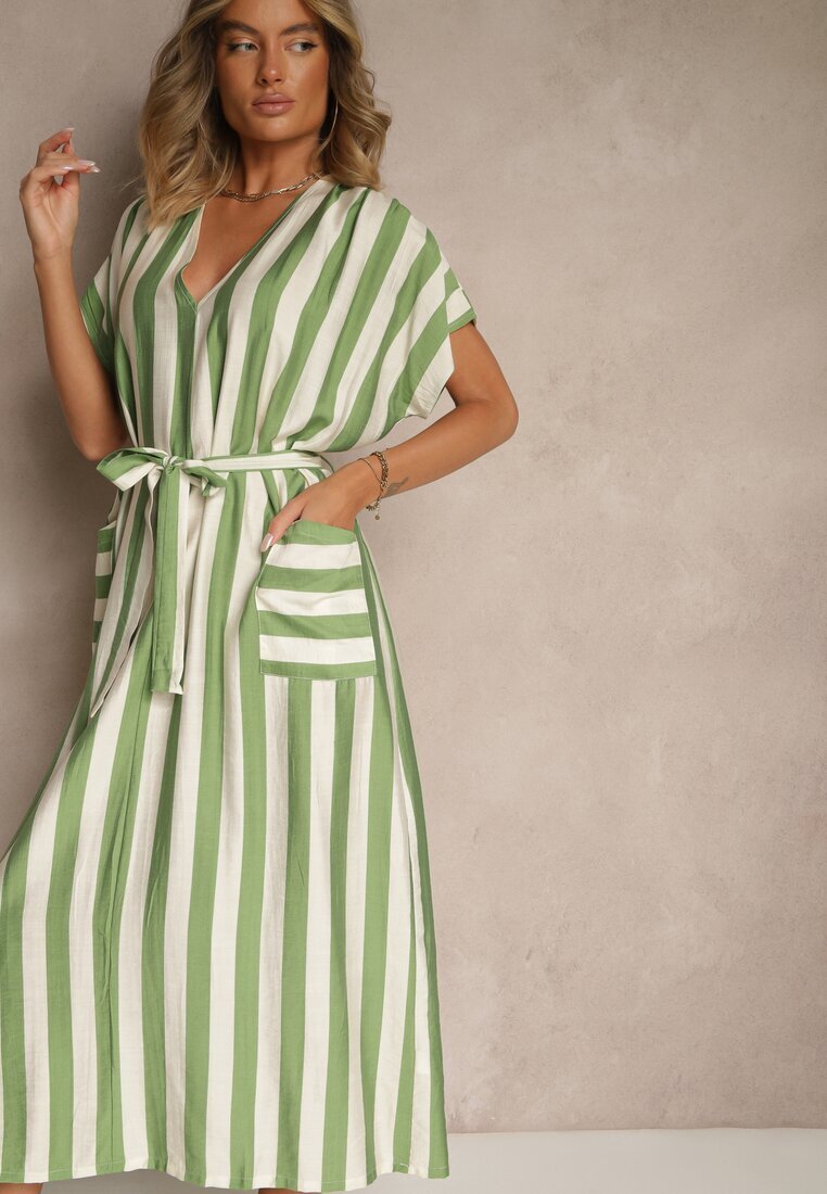 j&x Rochie dreaptă Verde din Viscoză cu imprimeu în dungi și legătură Lumierae