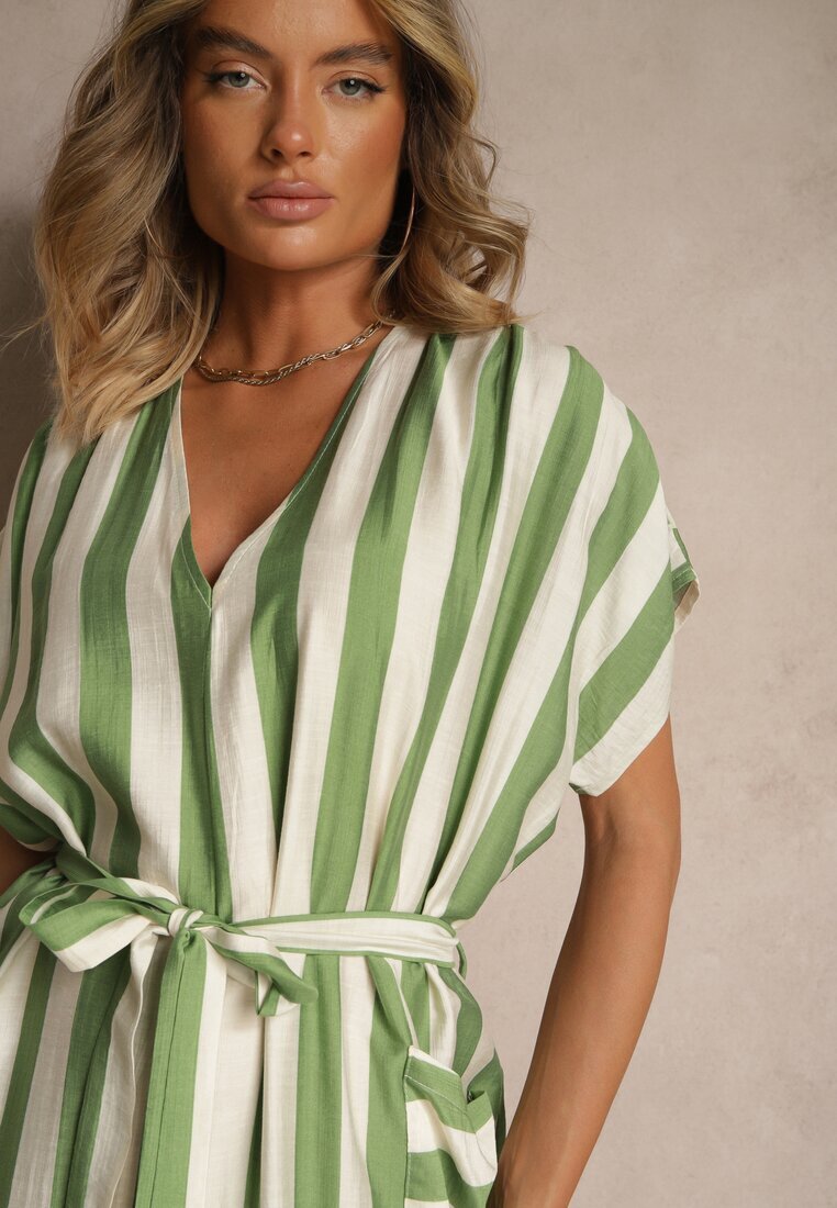 j&x Rochie dreaptă Verde din Viscoză cu imprimeu în dungi și legătură Lumierae