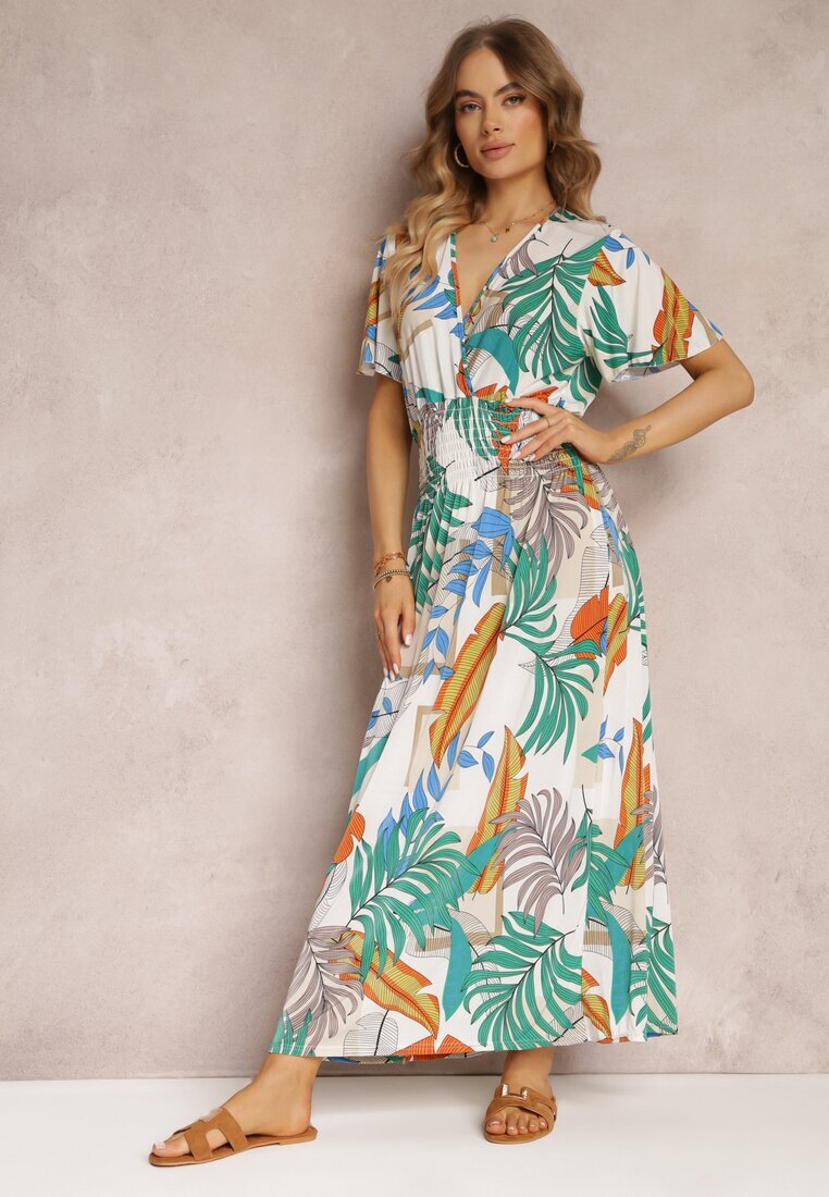j&x Rochie Evazată Albă cu benzi elastice încrețite în talie și Mânecă scurtă Laily