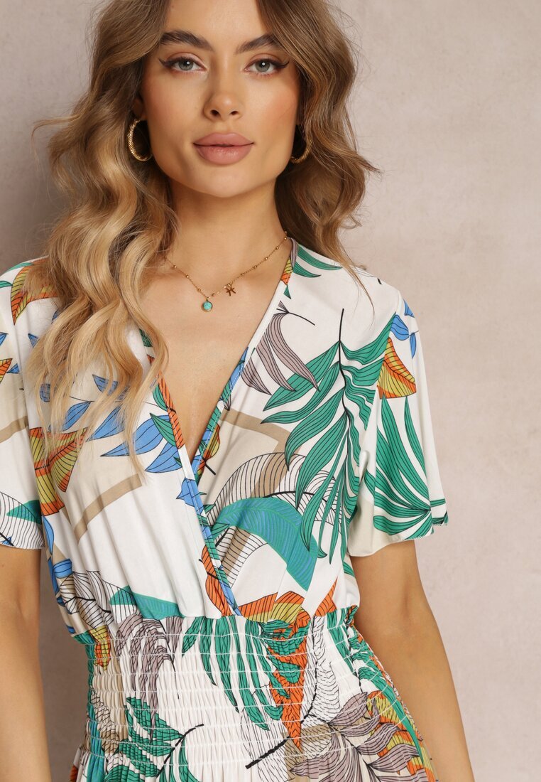 j&x Rochie Evazată Albă cu benzi elastice încrețite în talie și Mânecă scurtă Laily