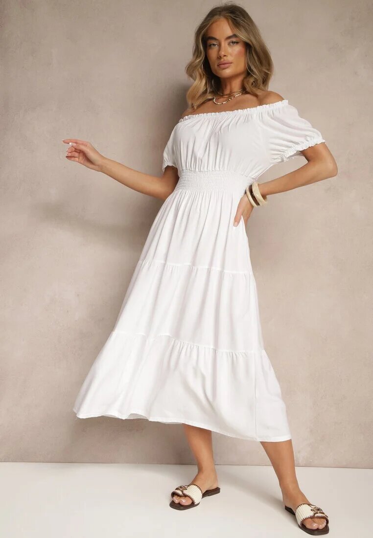 j&x Rochie Evazată Albă cu Elastic în Talie și Decolteu în Formă de Barcă Miratela