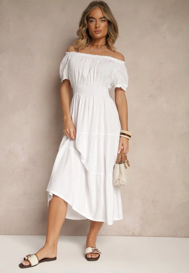 j&x Rochie Evazată Albă cu Elastic în Talie și Decolteu în Formă de Barcă Miratela