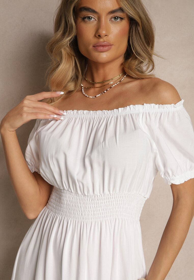 j&x Rochie Evazată Albă cu Elastic în Talie și Decolteu în Formă de Barcă Miratela