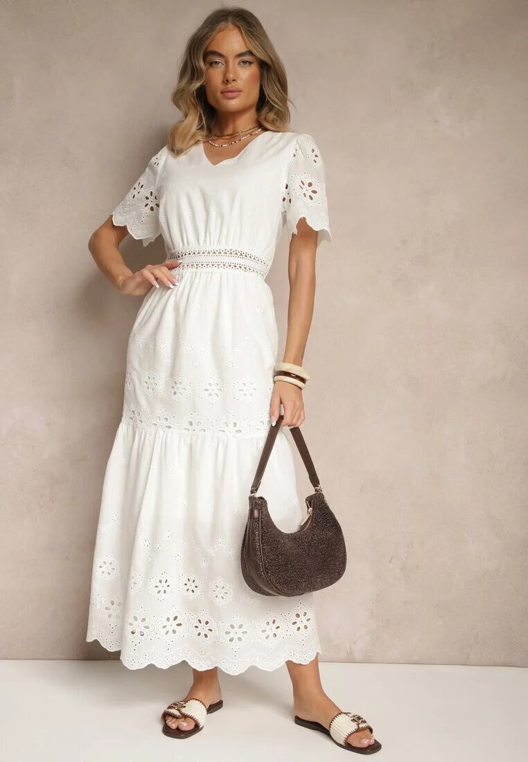j&x Rochie evazată albă din bumbac cu broderii în stil boho Efrivina