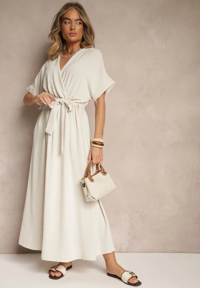 j&x Rochie Evazată Bej cu Bumbac și curea Lunapinia