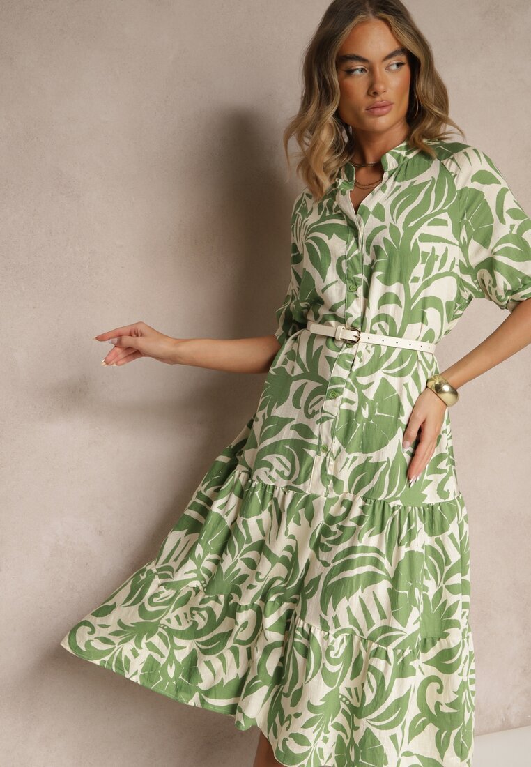 j&x Rochie Evazată Verde din Viscoză cu Volan Filesenia